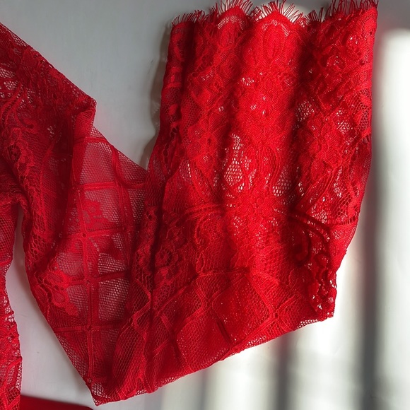 ARIA red sheer lace sexy open front long sleeve wrap robe removable sash tie - Picture 7 of 9